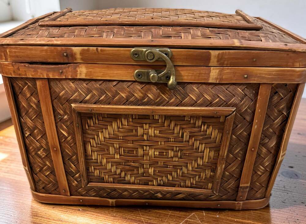 Vintage Hand Woven Bamboo Basket Brass Latch Hinges. Picnic, Storage, Home Decor